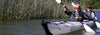 Husband and wife kayaking on a lake