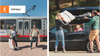 Image #1: A woman and a man holding their foldable Oru Camp furniture at a train station. Image #2: Family loading up their foldable Oru Camp furniture on top of the car.